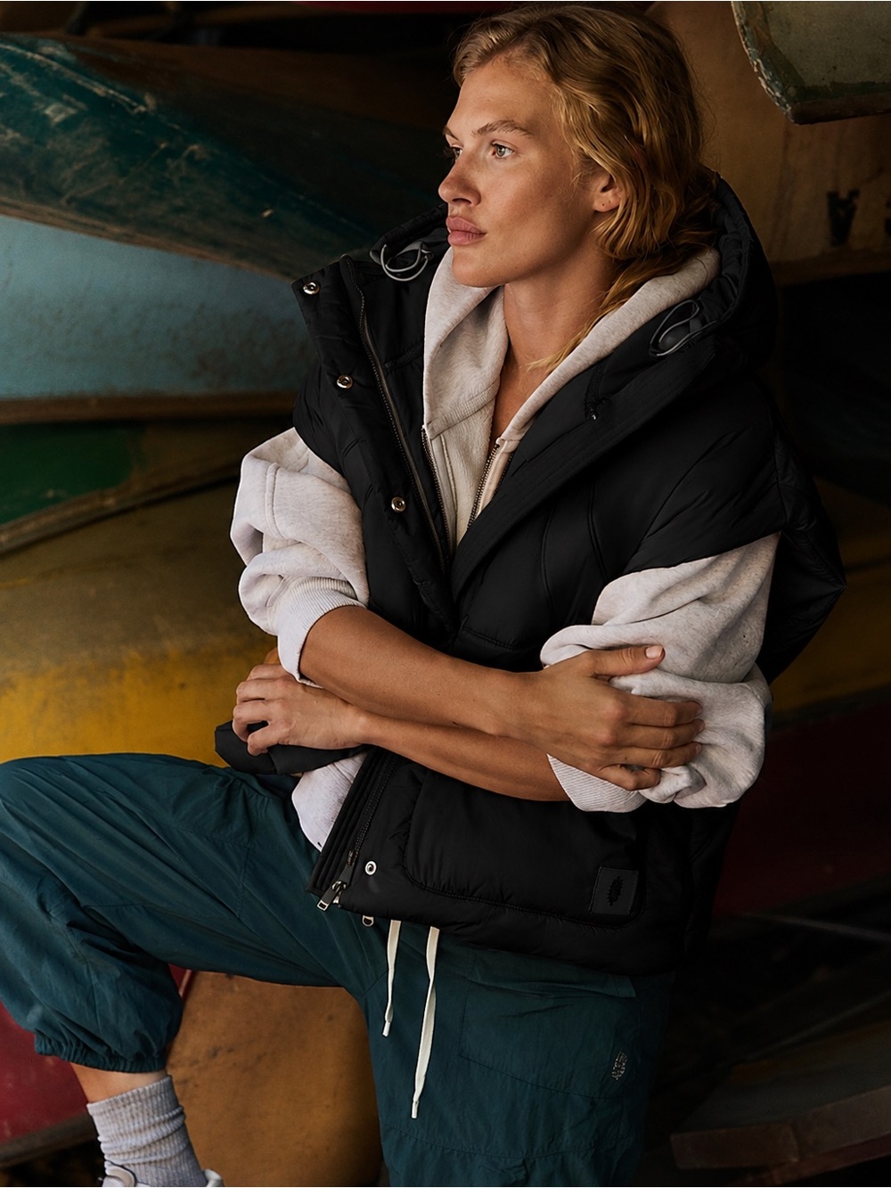 Free People Black Puffer Vest with Hood